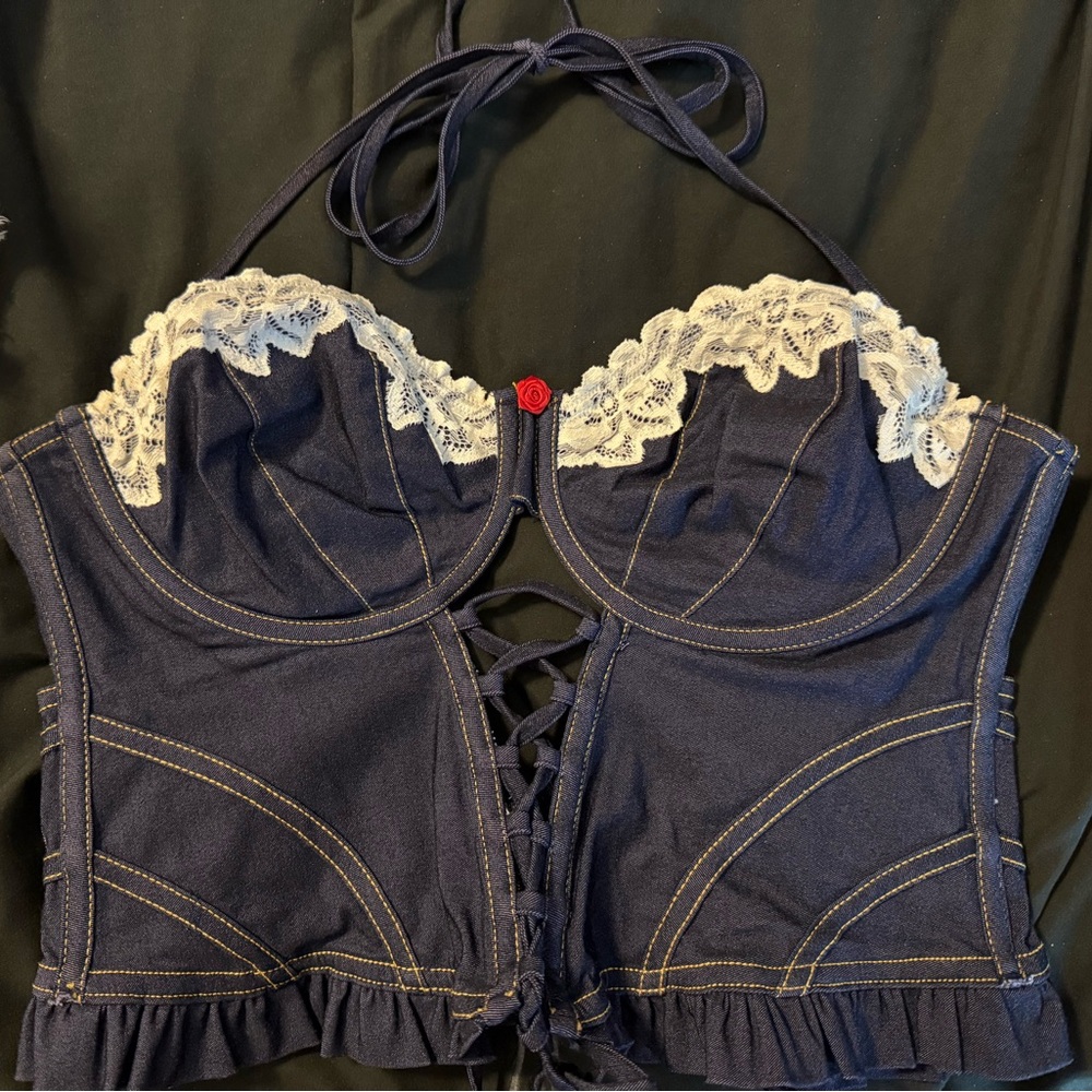 For Love And Lemons Dark Blue Lace-Up Bustier Top size Large $65